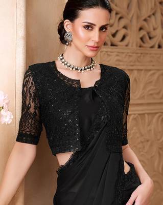 Black embellished sequinned  georgette heavy work saree 4