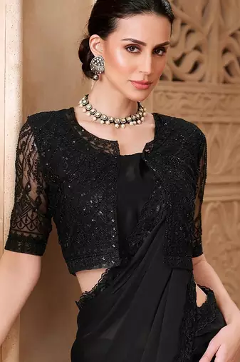 Black embellished sequinned  georgette heavy work saree