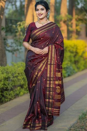 Maroon woven design zari silk blend kanjeevaram saree
