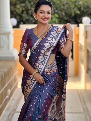 Purple ethnic motifs zari silk blend handloom banarasi saree 1