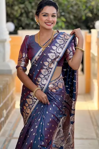 Purple ethnic motifs zari silk blend handloom banarasi saree