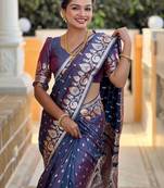 Purple ethnic motifs zari silk blend handloom banarasi saree