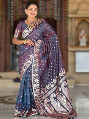 Purple ethnic motifs zari silk blend handloom banarasi saree 2