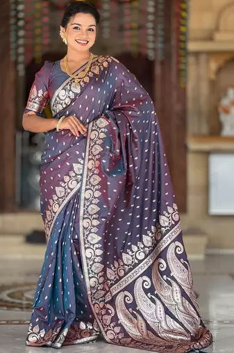 Purple ethnic motifs zari silk blend handloom banarasi saree