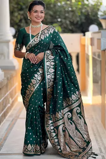 Green ethnic motifs zari silk blend handloom banarasi saree