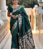 Green ethnic motifs zari silk blend handloom banarasi saree
