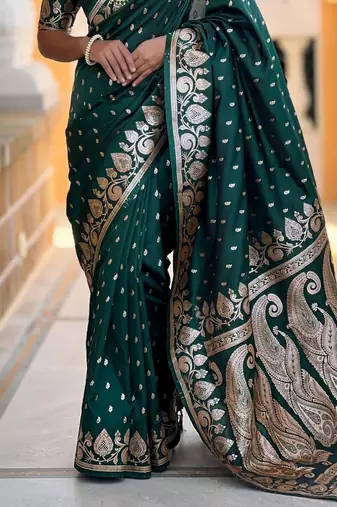 Green ethnic motifs zari silk blend handloom banarasi saree