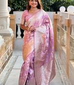 Pink ethnic motifs zari silk blend designer banarasi saree