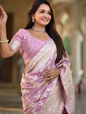 Pink ethnic motifs zari silk blend designer banarasi saree 2