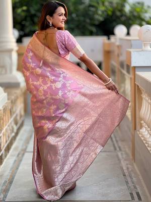 Pink ethnic motifs zari silk blend designer banarasi saree 3