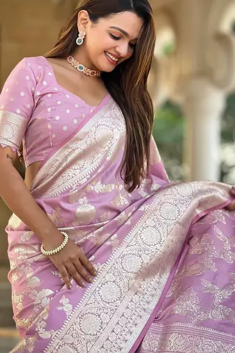 Pink ethnic motifs zari silk blend designer banarasi saree