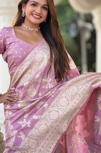 Pink ethnic motifs zari silk blend designer banarasi saree
