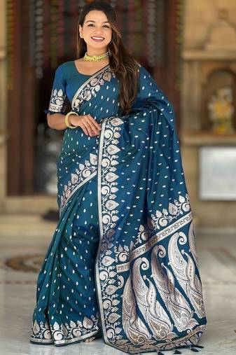 Teal paisley zari silk blend heavy work banarasi saree