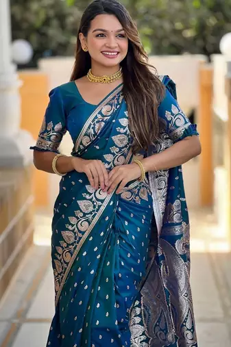 Teal paisley zari silk blend heavy work banarasi saree