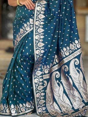 Teal paisley zari silk blend heavy work banarasi saree 3