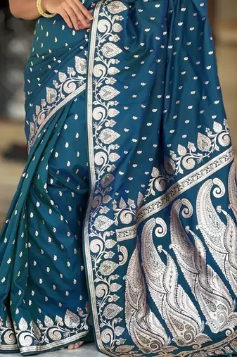 Teal paisley zari silk blend heavy work banarasi saree