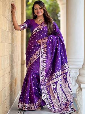 Purple ethnic motifs zari silk blend banarasi saree 1