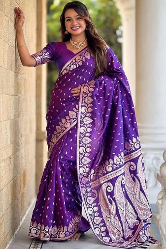 Purple ethnic motifs zari silk blend banarasi saree