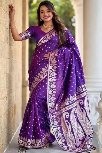 Purple ethnic motifs zari silk blend banarasi saree