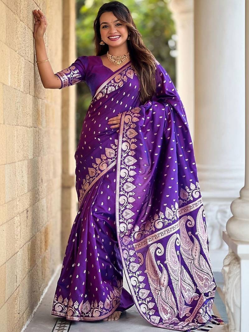 Purple ethnic motifs zari silk blend banarasi saree