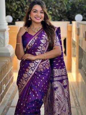 Purple ethnic motifs zari silk blend banarasi saree 2