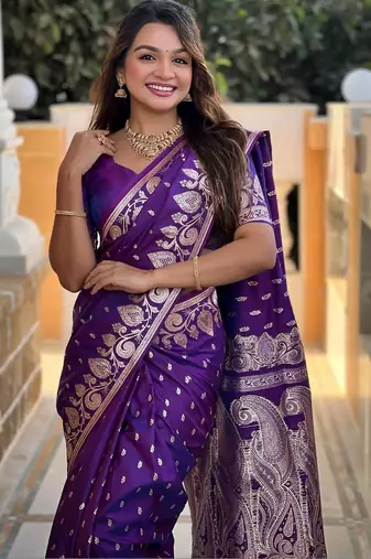 Purple ethnic motifs zari silk blend banarasi saree