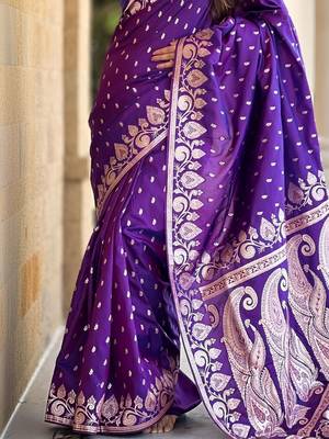 Purple ethnic motifs zari silk blend banarasi saree 3