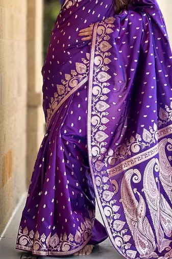 Purple ethnic motifs zari silk blend banarasi saree
