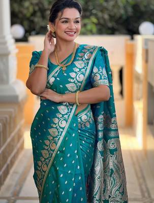 Teal paisley zari silk blend handloom banarasi saree 1