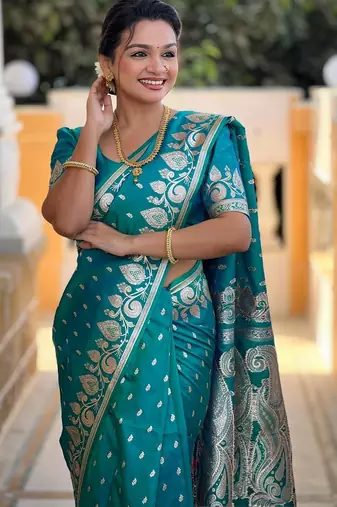 Teal paisley zari silk blend handloom banarasi saree