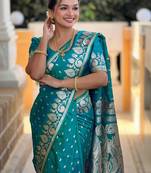 Teal paisley zari silk blend handloom banarasi saree