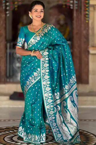 Teal paisley zari silk blend handloom banarasi saree