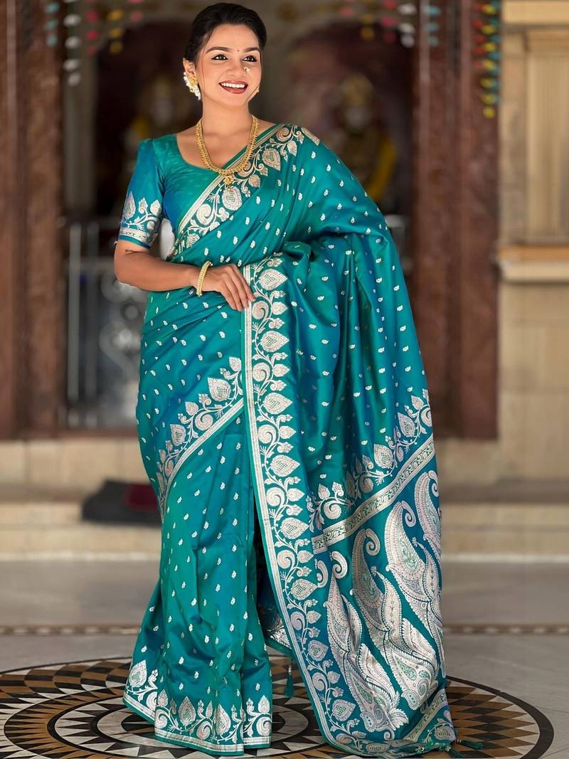 Teal paisley zari silk blend handloom banarasi saree