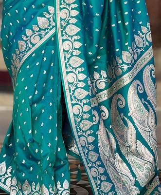 Teal paisley zari silk blend handloom banarasi saree 3