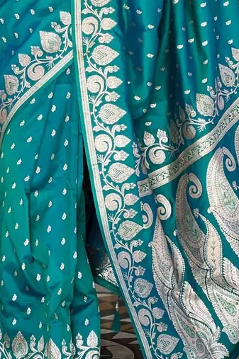 Teal paisley zari silk blend handloom banarasi saree