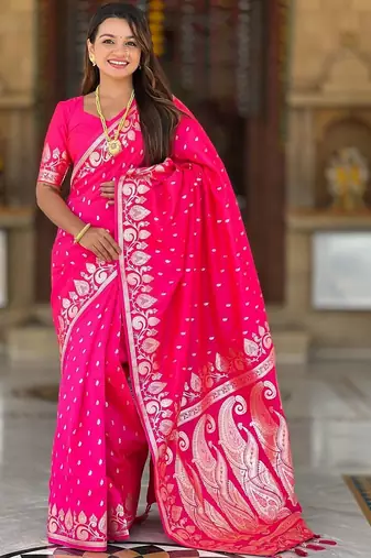 Pink paisley zari silk blend handloom banarasi saree