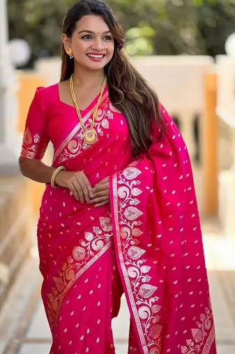 Pink paisley zari silk blend handloom banarasi saree