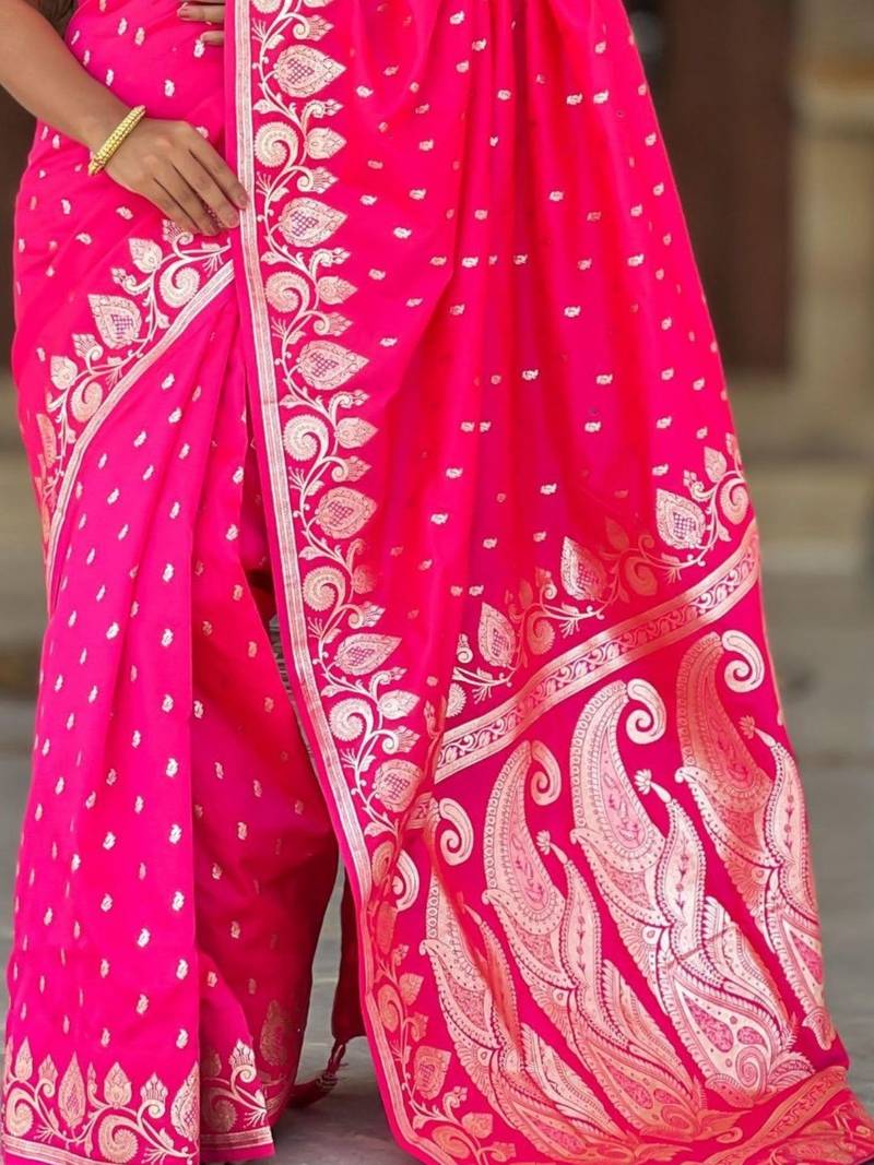Pink paisley zari silk blend handloom banarasi saree