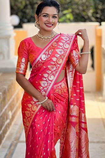 Pink woven design zari silk blend handloom banarasi saree