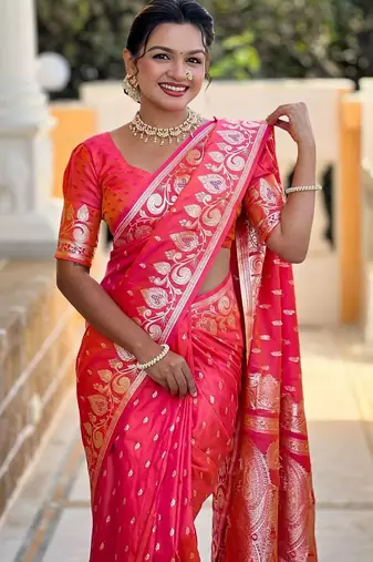 Pink woven design zari silk blend handloom banarasi saree