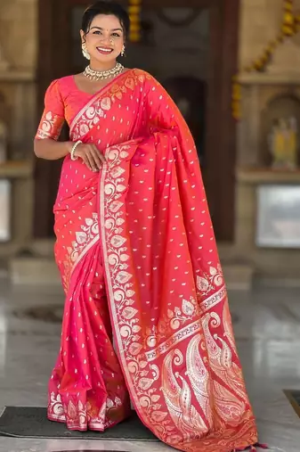 Pink woven design zari silk blend handloom banarasi saree