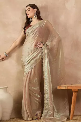 Gold beads and stones organza saree