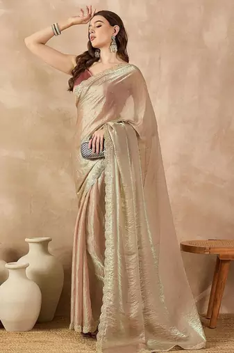 Gold beads and stones organza saree