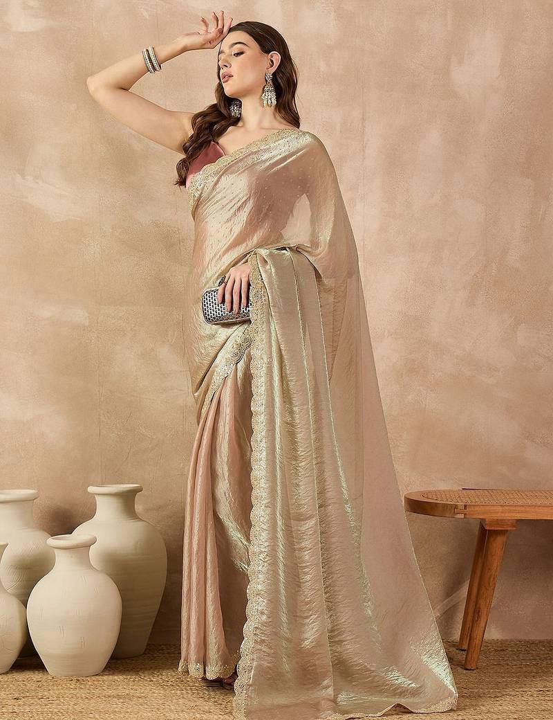 Gold beads and stones organza saree