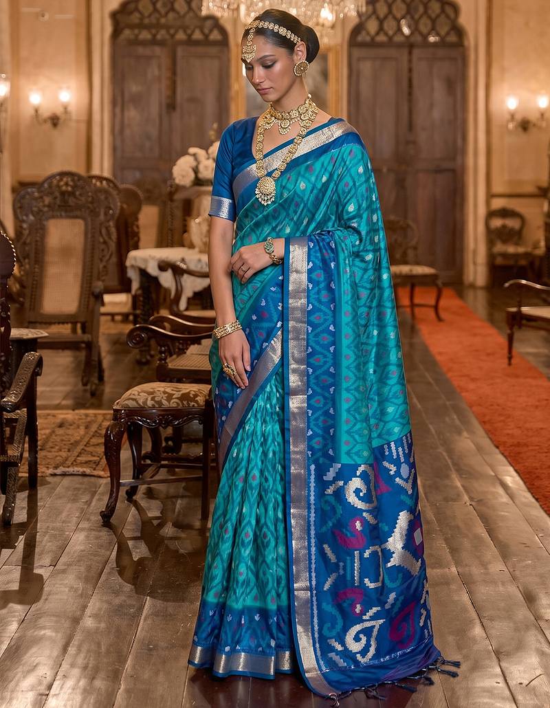 sky blue pochampally saree for women festive party wedding ikat saree