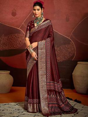 Maroon ethnic motifs digital print banarasi saree 1