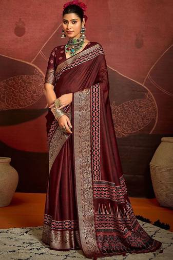 Maroon ethnic motifs digital print banarasi saree