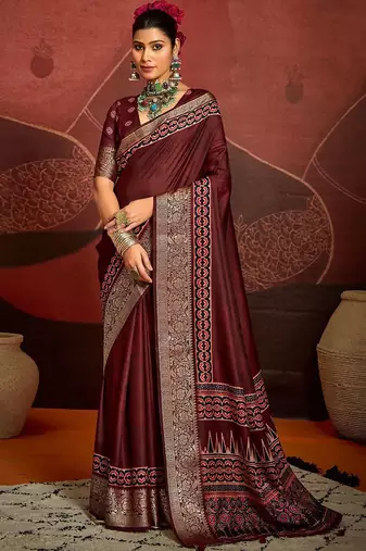 Maroon ethnic motifs digital print banarasi saree