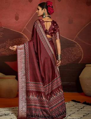Maroon ethnic motifs digital print banarasi saree 2