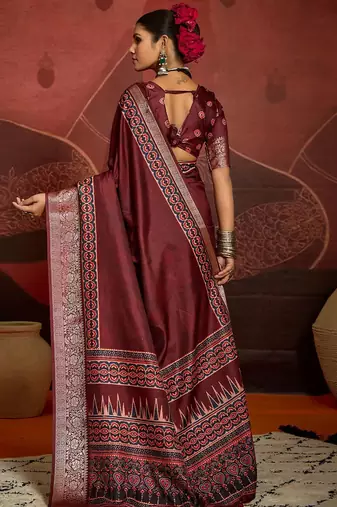 Maroon ethnic motifs digital print banarasi saree